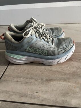 Hoka One One Women’s Light Blue and Coral Cushioned Running Sneakers